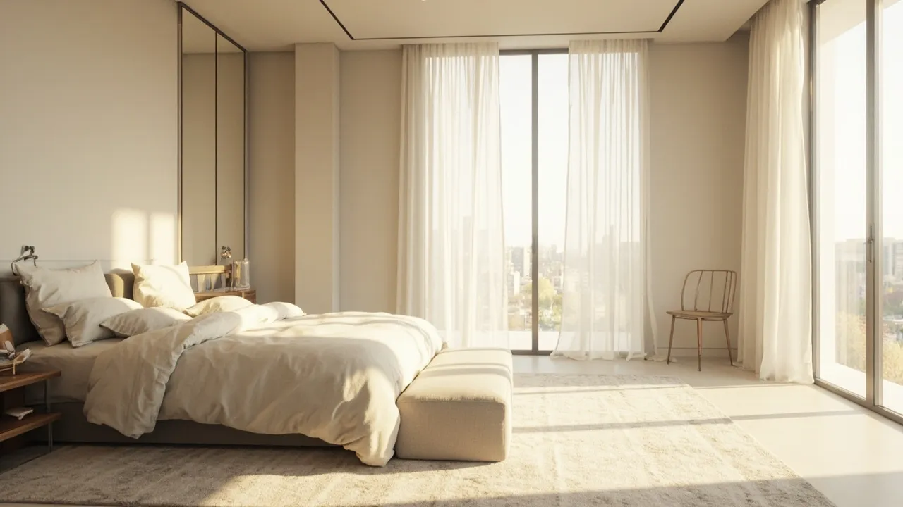Ruhiges modernes Schlafzimmer mit weichem Tageslicht und Ausblick