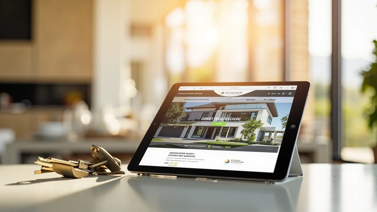 Symbolbild: ein modernes Wohnhaus mit gepflegtem Garten und einer stylischen Immobilien-Webseite auf einem Tablet im Vordergrund
